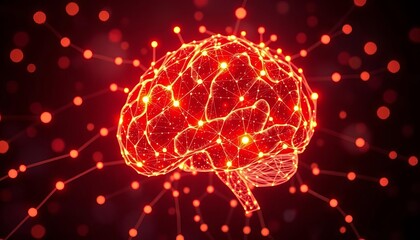 Fototapeta premium Abstract glowing network nodes forming a brain, machine learning, ai concept