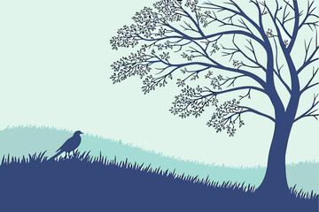 Sepia Landscape Silhouette: Large Tree on Hillside with Birds and Mist Vector