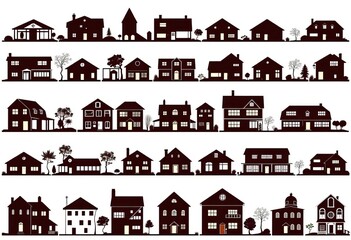 Collection of diverse house silhouettes against a white background, various architectural styles,  architecture, house silhouette