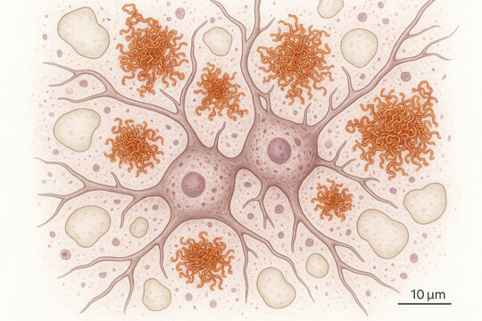 Microscopic view of two neurons with tangled protein aggregates, representing neurological disease, with surrounding glial cells and extracellular matrix.