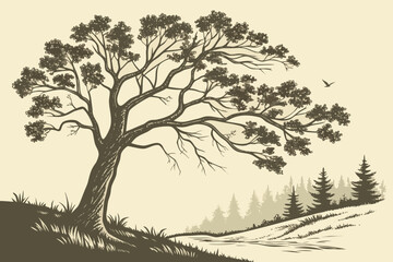 Bald Eagle Perched by Tree Vector Illustration - American Wildlife Duotone Graphic