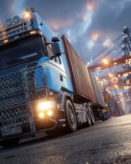 Semi-truck hauling container at dusk in industrial port, low angle perspective, transport and logistics
