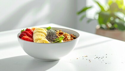 Top view of a smoothie bowl with banana, kiwi, strawberry, chia seeds, and granola, served in a white bowl.