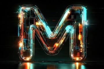 Glowing Futuristic Letter M With Metal Texture