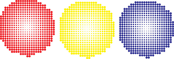 Colorful Halftone Circles in Red, Yellow, and Blue on White Background