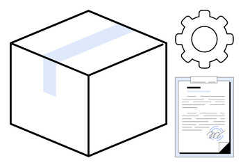 Box with sealing tape, gear, and clipboard featuring signed document emphasize organization, workflow, and delivery. Ideal for logistics, compliance, shipping, project management productivity