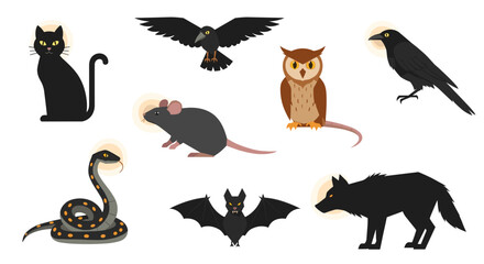 Fototapeta premium Collection of various animals including cat and flying bat