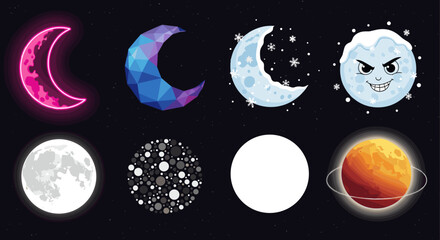 Naklejka premium Collection of various moon phases and celestial body designs