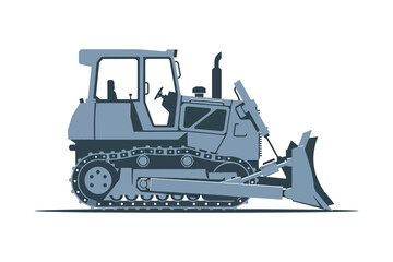 Illustration of a bulldozer the bulldozer is blue and has a large blade in the front the bulldozer is shown from the side