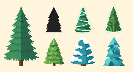 Collection of eight differently styled christmas tree designs