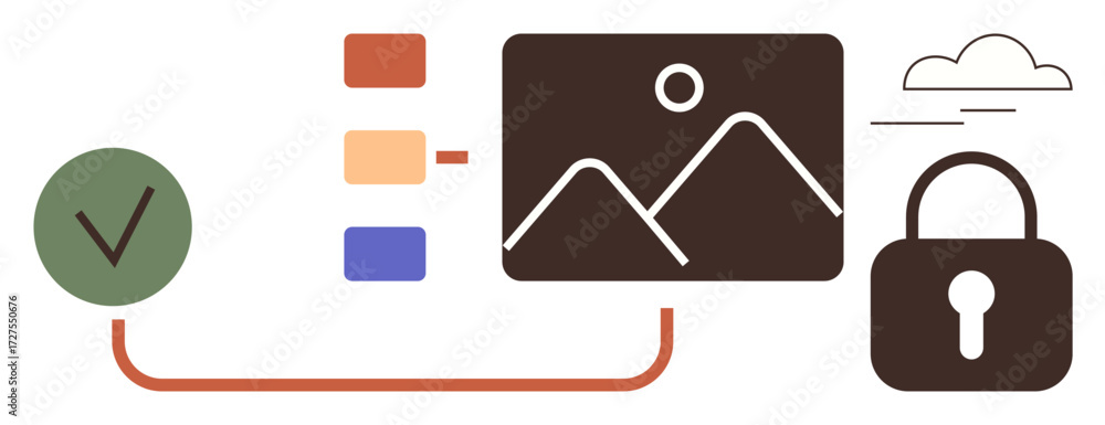 Poster checkmark, image gallery, cloud, lock, and organizational tools connected by orange line. ideal for 