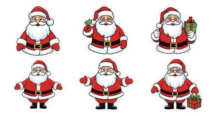 Six santa claus figures in red suits with white beards pose