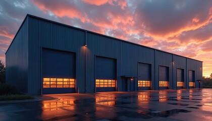 Fototapeta premium Modern industrial warehouse with blue roller doors and illuminated windows at vibrant sunset. Wet asphalt reflects orange sky and building lights. Long metallic structure awaits at dusk.