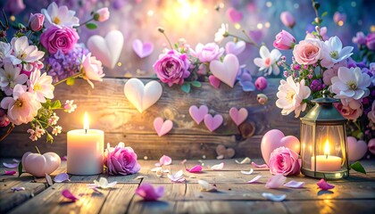 Romantic floral arrangement with candles and hearts