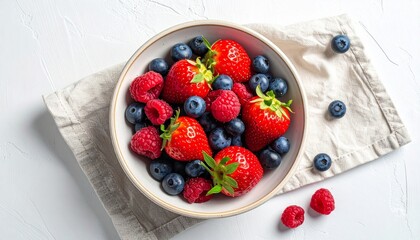 Top view of a bowl filled with fresh strawberries, blueberries, and raspberries on a light background.