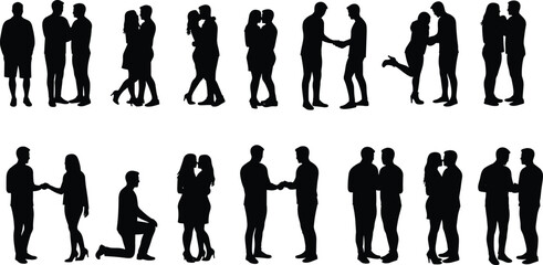 Romantic couple silhouette, love pose collection, hugging, kissing, holding hands, kneeling proposal, relationship concept, black white contrast, affection