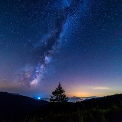 Night sky panorama with Milky Way over mountains