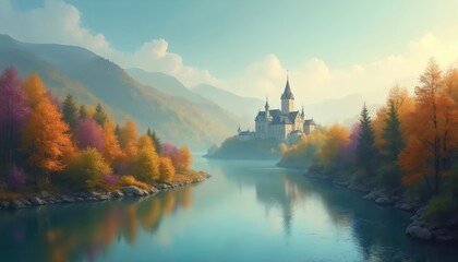 Fairytale castle on river bank surrounded by autumn forest. Calm water reflects misty mountains under soft sky. Nature, fantasy scene, peaceful mood.