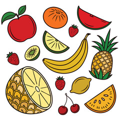 Colorful fruit illustration with apple, banana, pineapple, lemon, kiwi, cherry, strawberry, orange, and watermelon slices, perfect for healthy food, tropical design, and organic nutrition concepts.