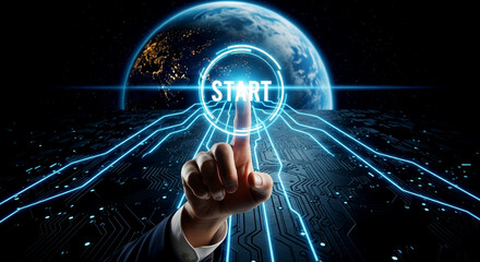 Launch your dreams now with this futuristic touch screen button, ready to start your project with technology and success