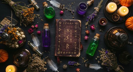 Halloween Flat Lay of Witch&rsquo;s Potion Lab with Candles and Spellbook