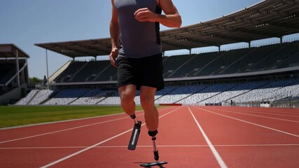 Disabled athlete with prosthetic legs running on track - Powered by Adobe