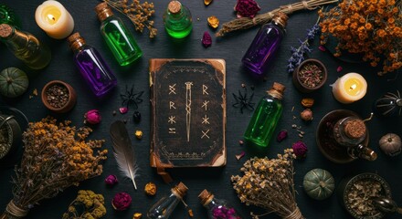 Halloween Flat Lay of Witch&rsquo;s Potion Lab with Candles and Spellbook