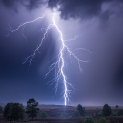 Single Lightning Bolt Strikes the Ground in a Landscape Keywords: lightning, storm, thunder, sky