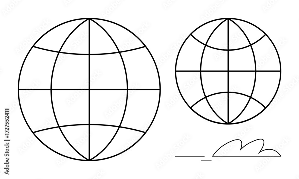 Poster two grid-patterned globes, one larger, paired with minimal design lines and curves. ideal for global