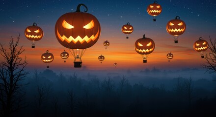 Fantasy Halloween Pumpkin Hot Air Balloons Floating in Night Sky