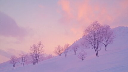Ethereal Winter Landscape: Bare Trees Silhouetted Against Pastel Sky at Sunset