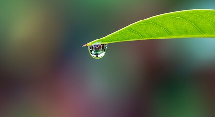 Delicate water droplet clinging to a fresh green leaf, showcasing natural purity and the intricate beauty of microscopic reflections within its surface
