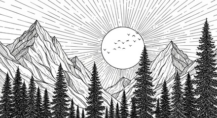 Vector Silhouette of Mountain Range with Pine Trees in Black and White