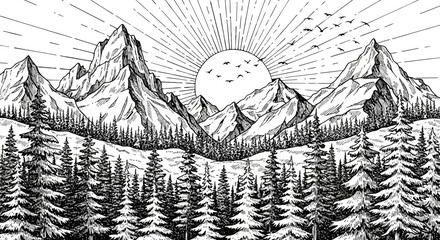 Vector Silhouette of Mountain Range with Pine Trees in Black and White