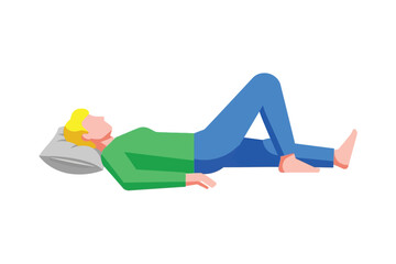 Vector art of a person lying on their back with their knees bent, resting comfortably on a pillow, the individual is wearing blue pants and a green shirt