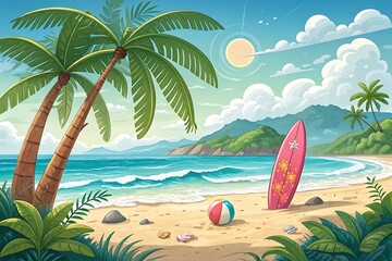 Vibrant tropical beach scene with palm trees surfboard and beach ball under a sunny sky