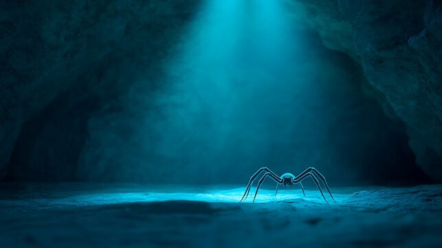 A single spider illuminated by a beam of blue light in a dark cave
