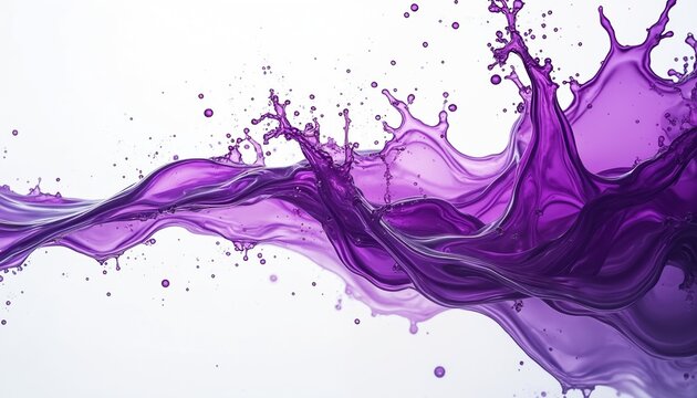 Vibrant purple liquid splashes and swirls abstractly. Fluid motion creates dynamic waves and droplets against a clean white background. This liquid art forms a beautiful abstract pattern.