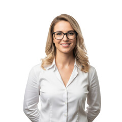 Fototapeta premium Smiling blonde woman wearing glasses and a white collared shirt isolated on transparent background