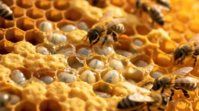 Bees working on honeycomb with larvae closeup view of the hive.