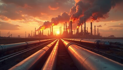 Fototapeta na wymiar Industrial oil refinery complex spews thick smoke and flames into sunset sky. Rows of large metal pipes lead towards the plant, suggesting global energy transport and market impacts.
