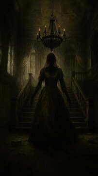 A women in a dress walking through a haunted mansion