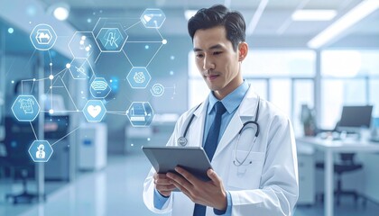 Medical professional using a tablet in a hospital corridor with floating healthcare icons—symbolizing digital health, telemedicine, and modern patient care.