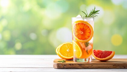 Refreshing citrus infused water with slices of orange, grapefruit, and herbs in a glass, healthy detox drink.