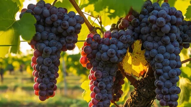 Bunches of ripe grapes hang on the vine in a vineyard setting