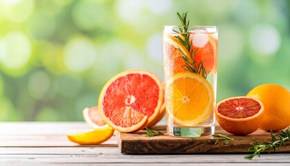 Refreshing citrus infused water with slices of orange, grapefruit, and herbs in a glass, healthy detox drink.