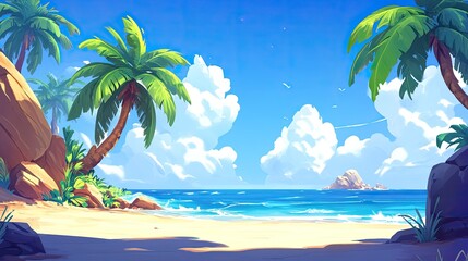 Obraz premium Idyllic Tropical Seascape: A Vibrant Digital Painting of a Sunlit Beach Framed by Lush Palm Trees.