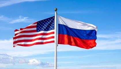 Table flags of the United States and Russia side by side on silver stands against a light blue background—symbolizing diplomacy, international relations, and geopolitical dialogue.