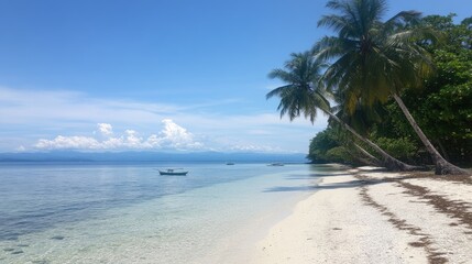 Tropical Paradise: Palm Trees, Turquoise Waters, White Sand Beach, Clear Sky.