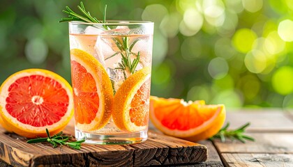 Refreshing citrus infused water with slices of orange, grapefruit, and herbs in a glass, healthy detox drink.
